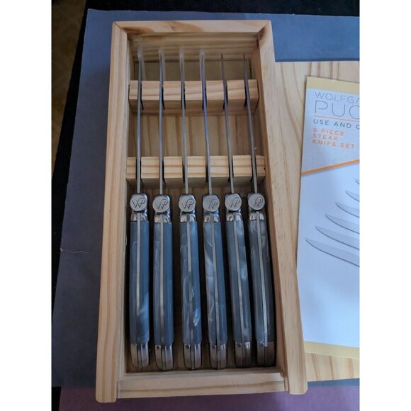 Wolfgang Puck Gray Handle 4.5 in Steak Knives Set of 6 W/ Wood Box - Picture 2 of 4